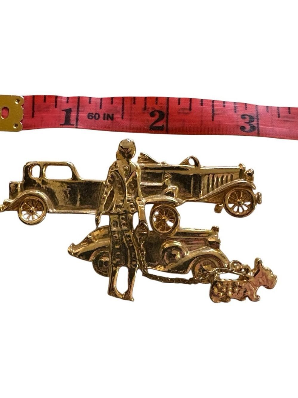 Vintage 80’s Woman Walking Scottie Dog with 40’s Car Art Deco Style Large Brooch